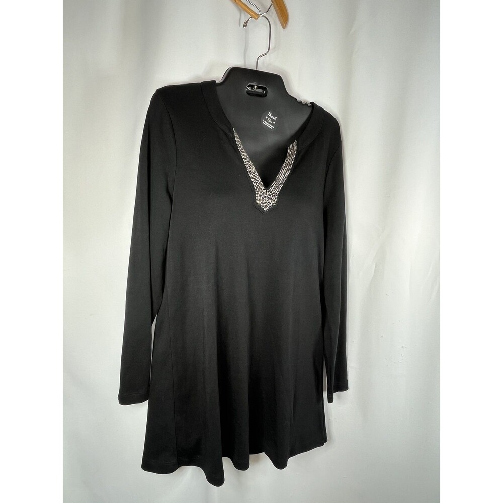 Chico's Shirt Womens 1 M Black V Neck Long Sleeve Beaded Tunic Pima Cotton Top